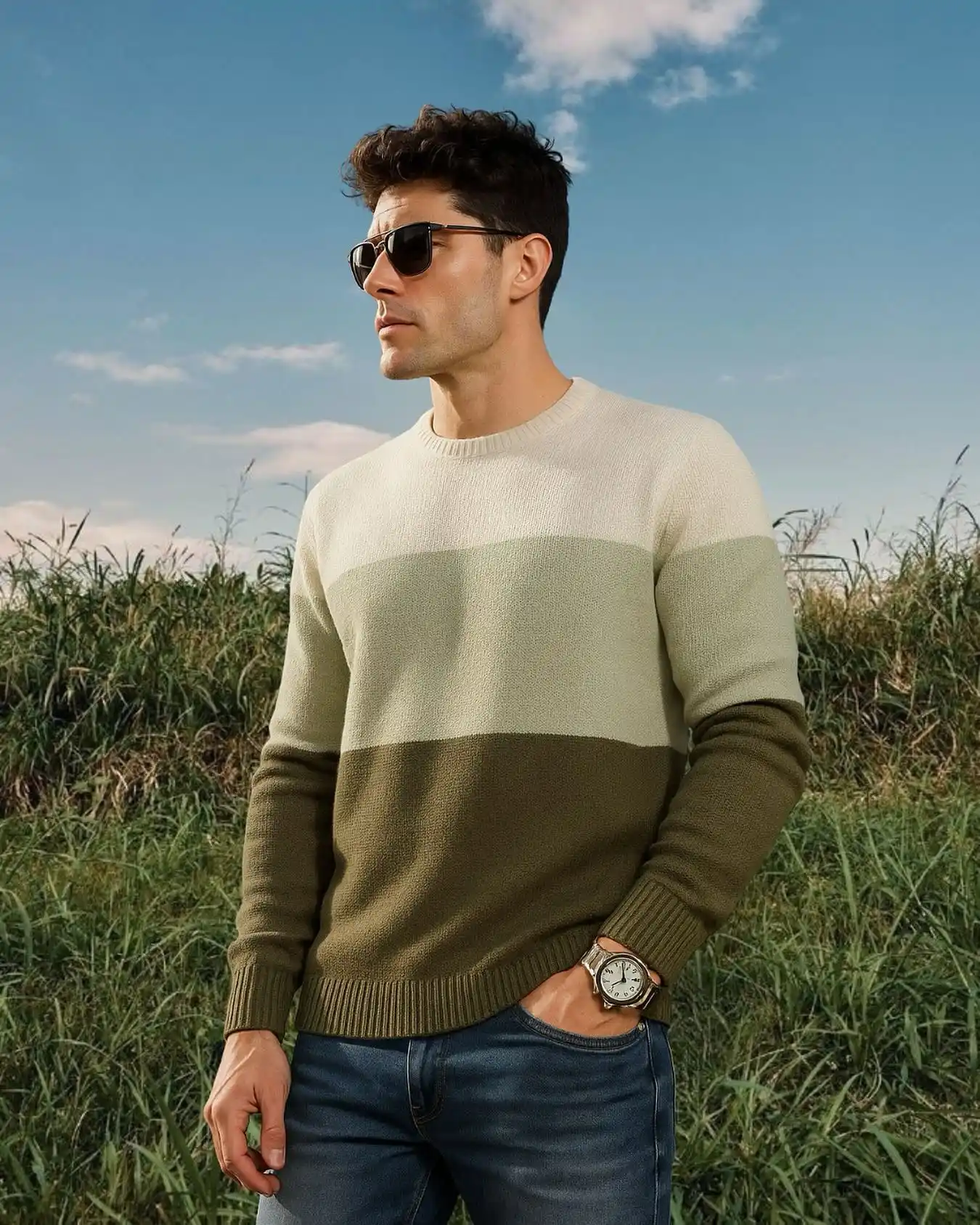 11 Minimalist Outfits for Men That Work Every Day 7 6. Color Block Knitwear and Classic Jeans