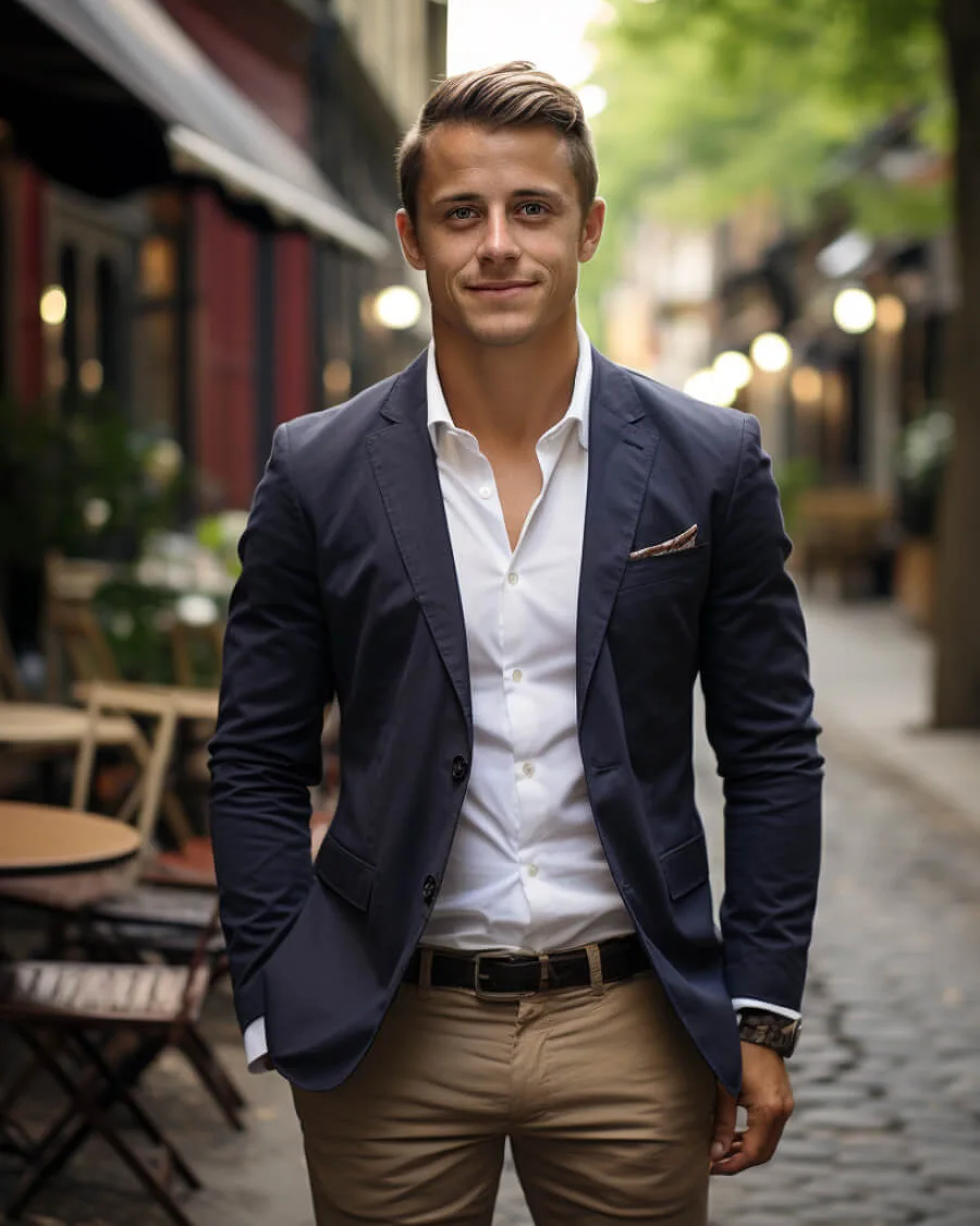 16 Stylish Airport Outfits for Men on Business Trips 9 Single Breasted Navy and Chinos for the Free Evening Between Meetings