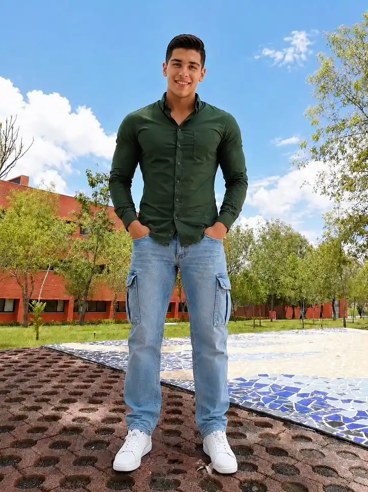 19 Classy Everyday Outfits for College Guys 5 Forest Green Button-Up and Cargo Jeans for Easy Campus Polish