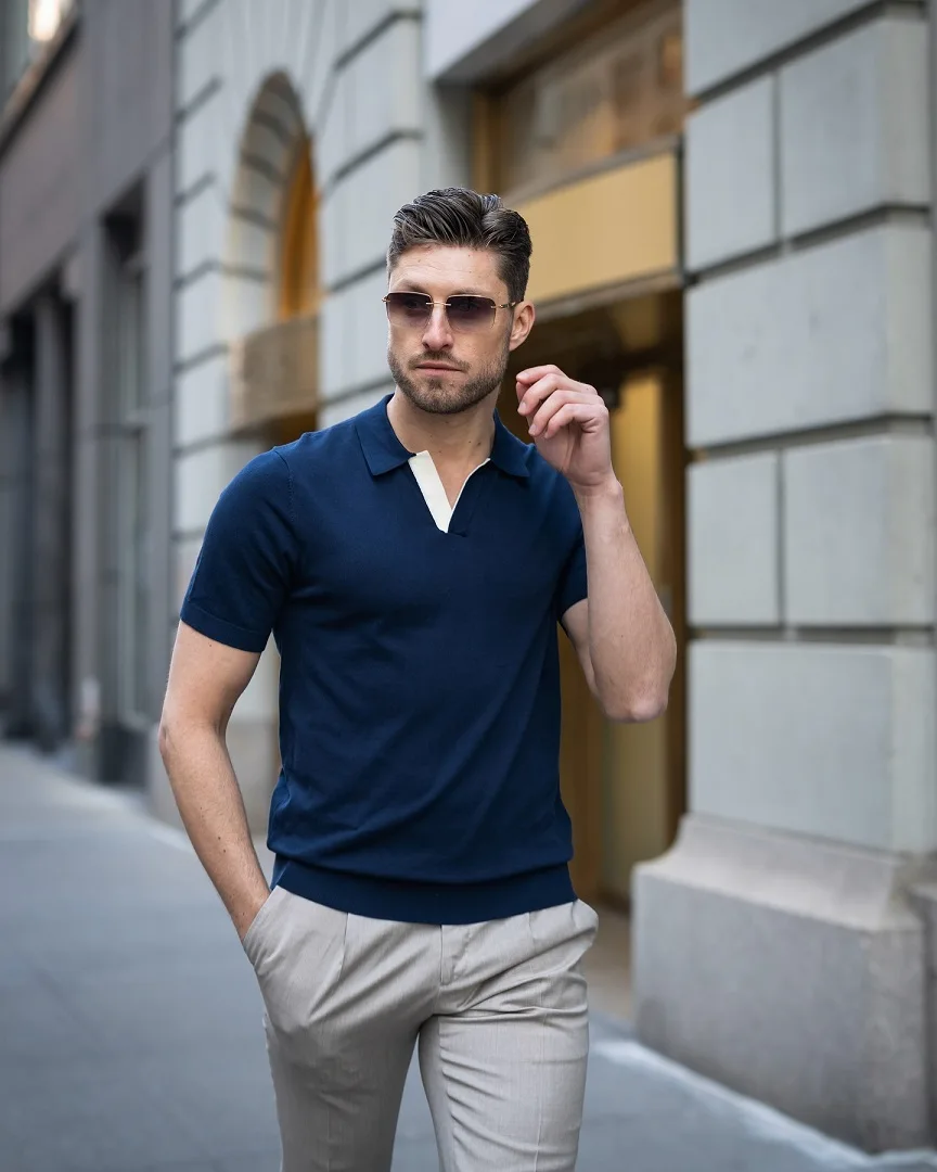 Navy Knit Polo and Tan Trousers: The Combo That Looks Put Together Without a Blazer