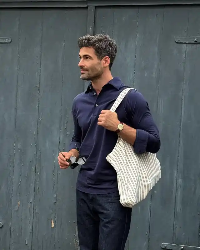 15 Minimalist Weekend Outfits for Men (Casual & Cozy) 14 13. Long Sleeve Polo and Dark Denim