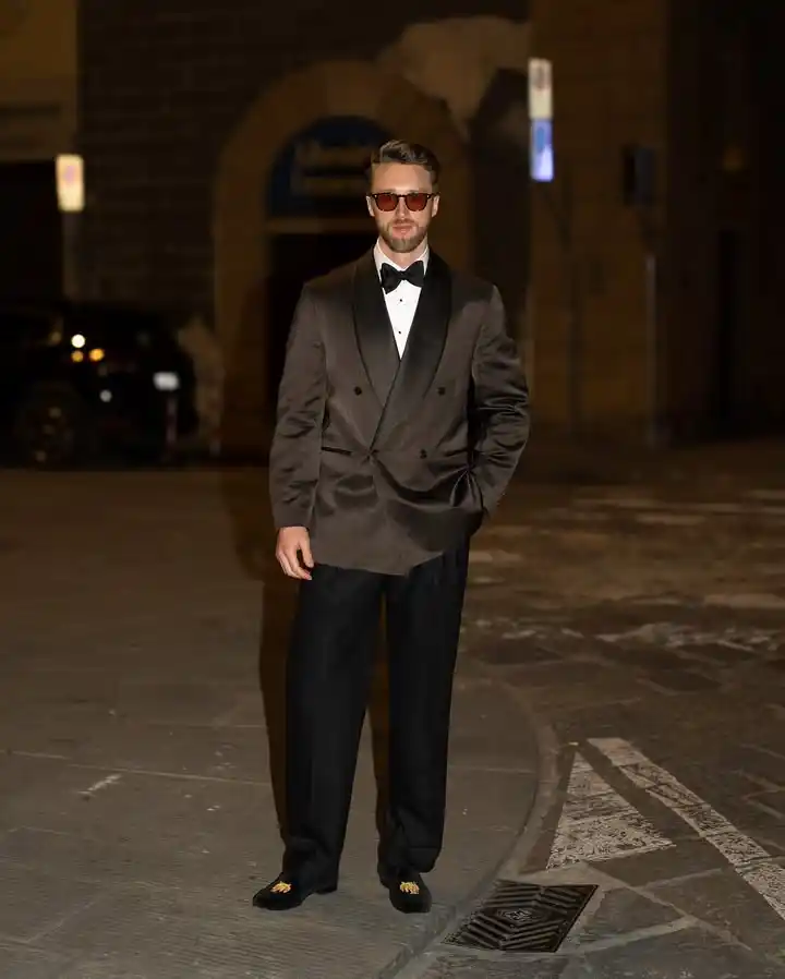 1. Double-Breasted Tuxedo Jacket with Velvet Loafers