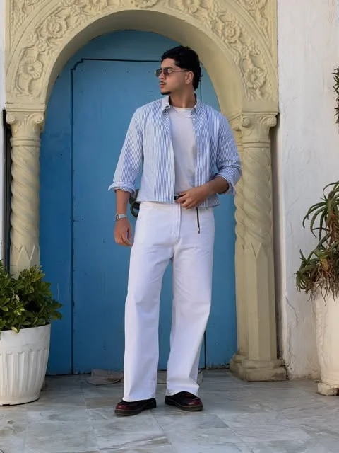10 Men’s Country & Cabin Trip Outfit Ideas (Casual & Cozy) 10 9. Striped Button Down and Wide White Trousers