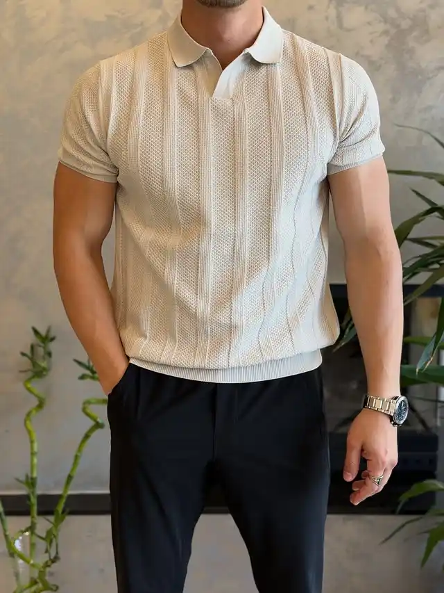 17 Resort‑Ready Men’s Outfits for Tropical Vacations 7 6. Cable Knit Polo and Black Trousers