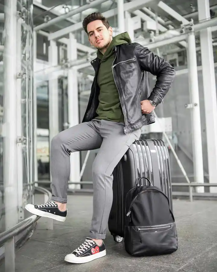 13 Airport Outfit Men Winter Combos for Cold Layovers 10 9. Leather Jacket and Olive Hoodie