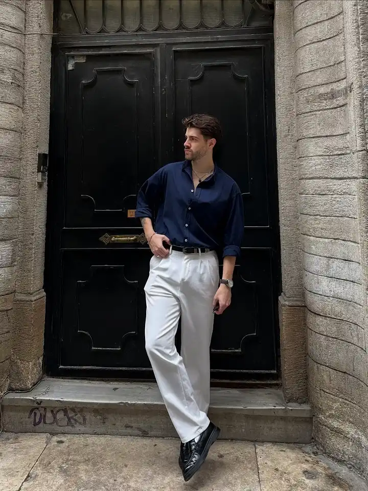 19 Classy Everyday Outfits for College Guys 7 Navy Shirt and White Trousers Is the Easiest Way to Look Put Together