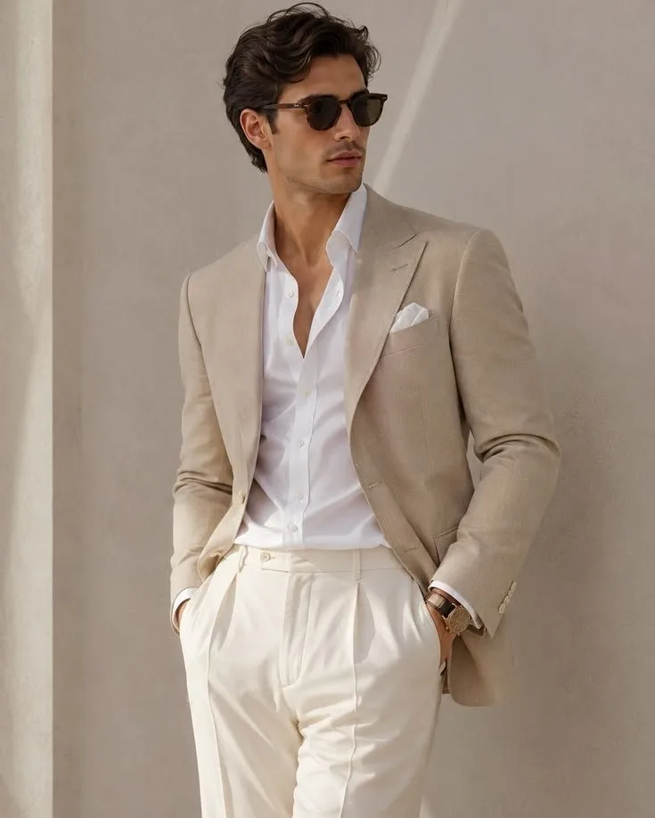Beige Linen Blazer With an Open Collar