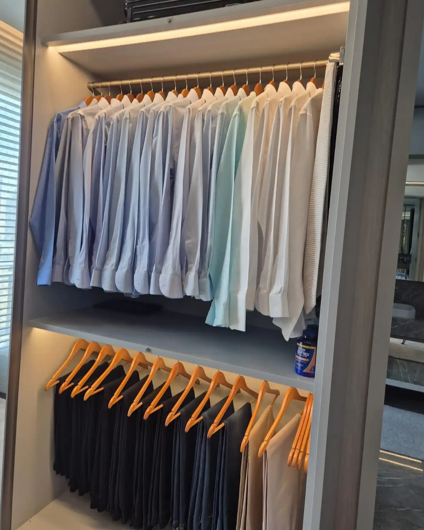 13 Minimalist Men’s Wardrobe Layouts for Small Closets 3 2. Integrated LED Double Rail Setup