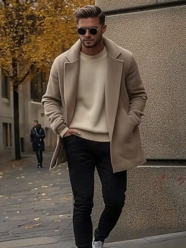 11 Minimalist Outfits for Men That Work Every Day 3 2. Layered Neutrals and Dark Trousers