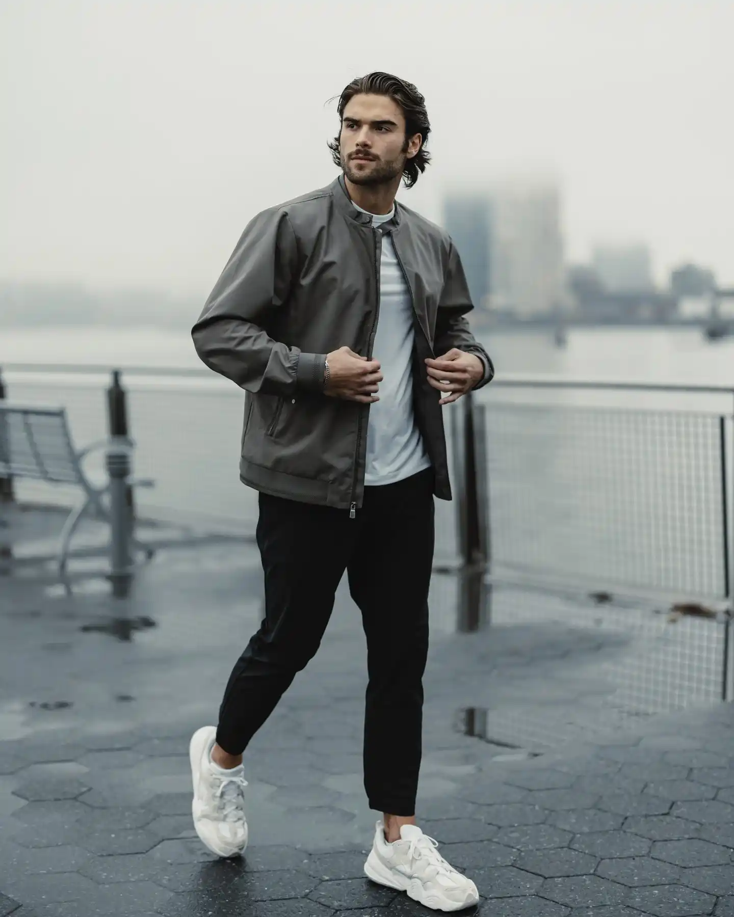 11 Minimalist Outfits for Men That Work Every Day 11 10. Minimalist Bomber Jacket and Black Trousers