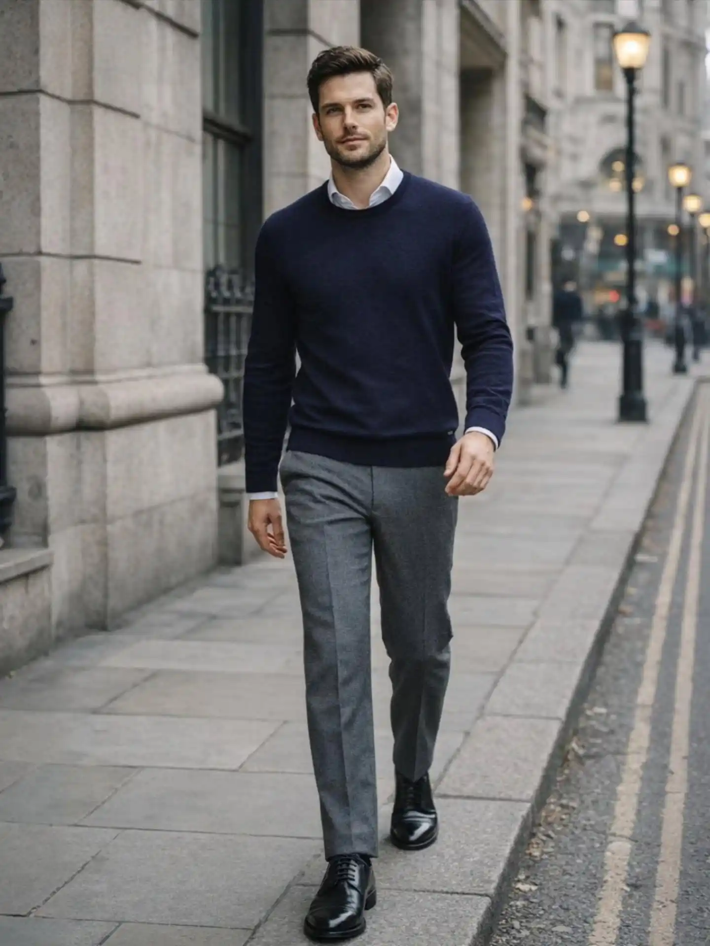 11 Minimalist Outfits for Men That Work Every Day 8 7. Crewneck Knit Layer and Grey Trousers