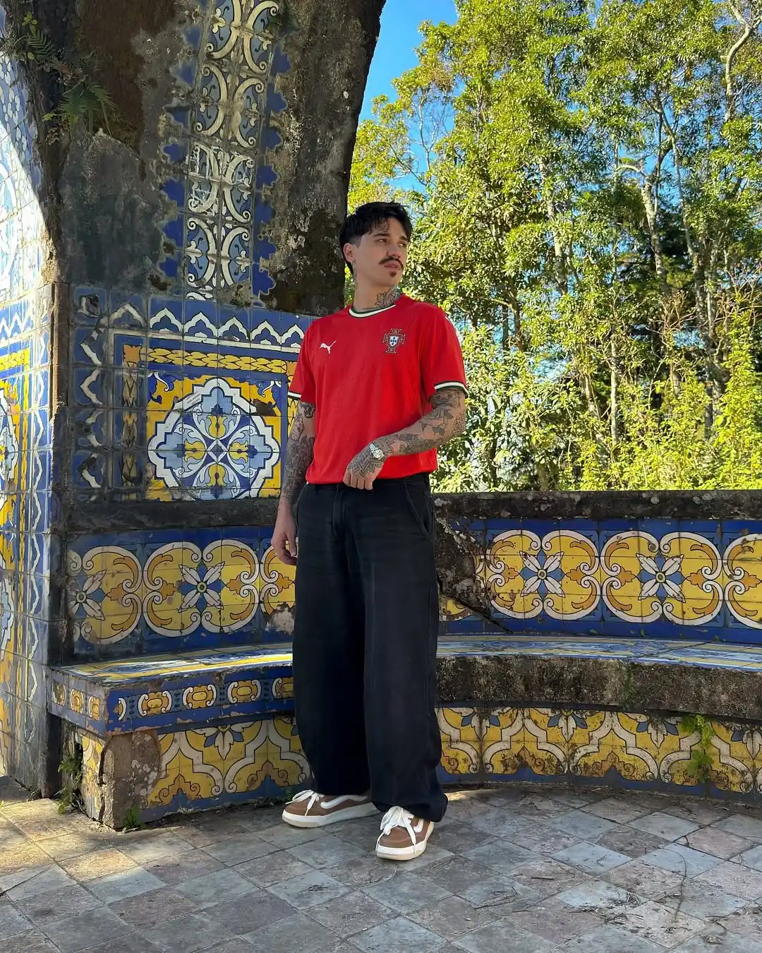 2. Red Soccer Jersey With Wide Leg Black Trousers