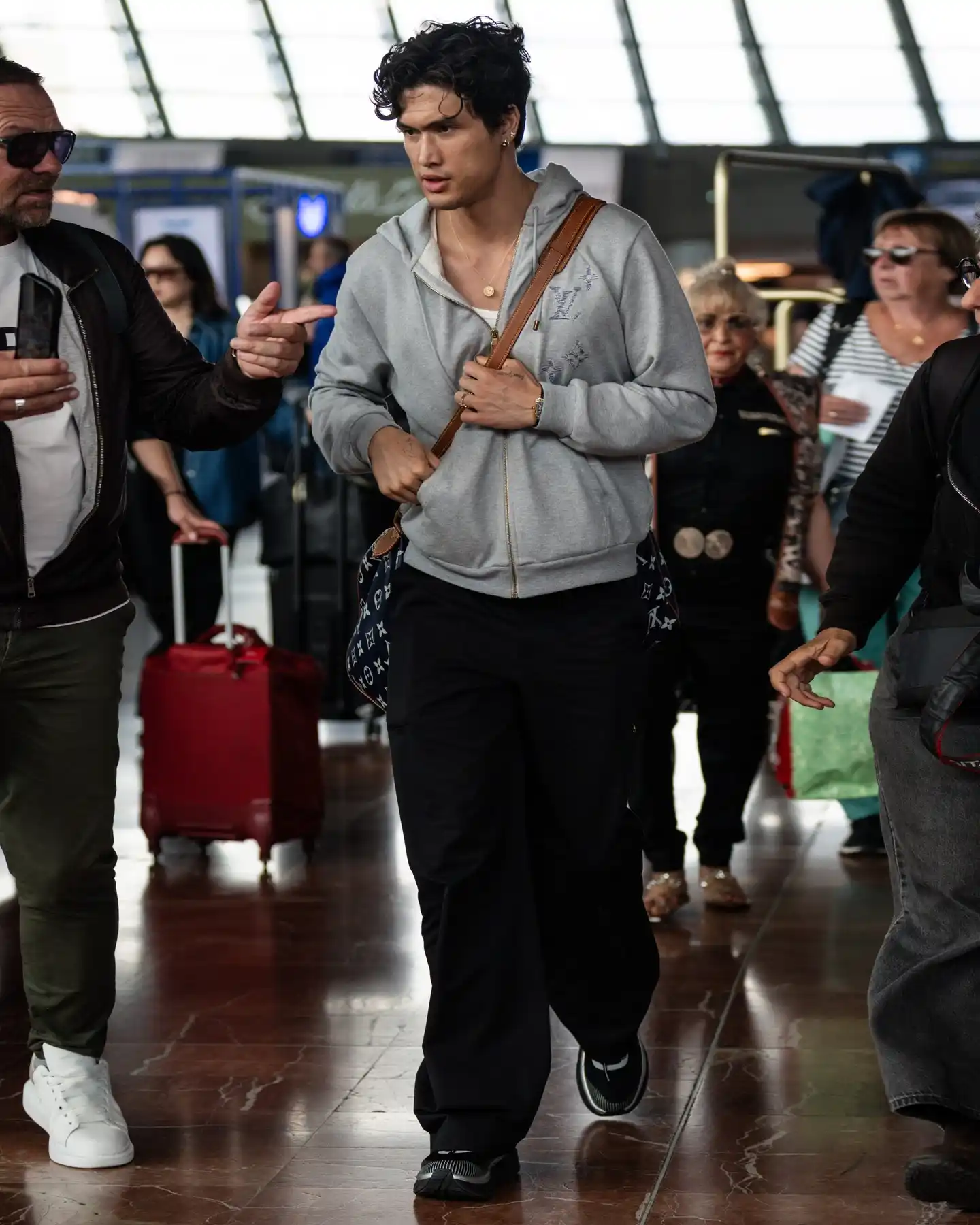 7. Heather Grey Zip-Up and Wide Cargo Pants