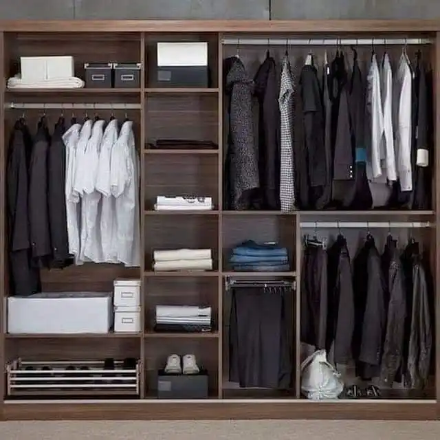 13 Minimalist Men’s Wardrobe Layouts for Small Closets 7 6. Multi-Compartment Wooden Wardrobe