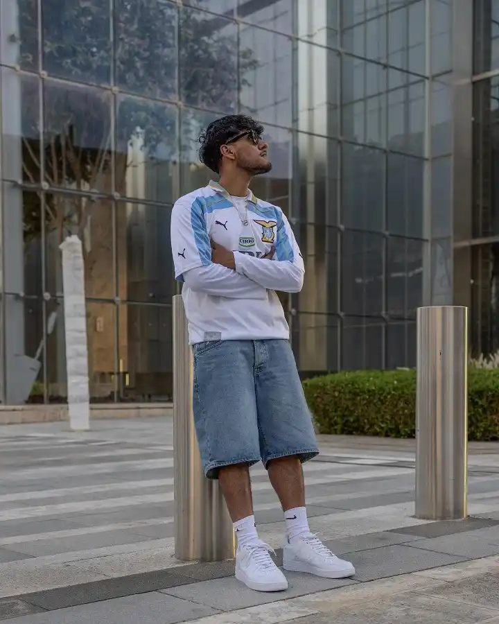 17 Soccer Jersey Streetwear Outfit Ideas for Men 13 White Lazio Long Sleeve with Denim Jorts