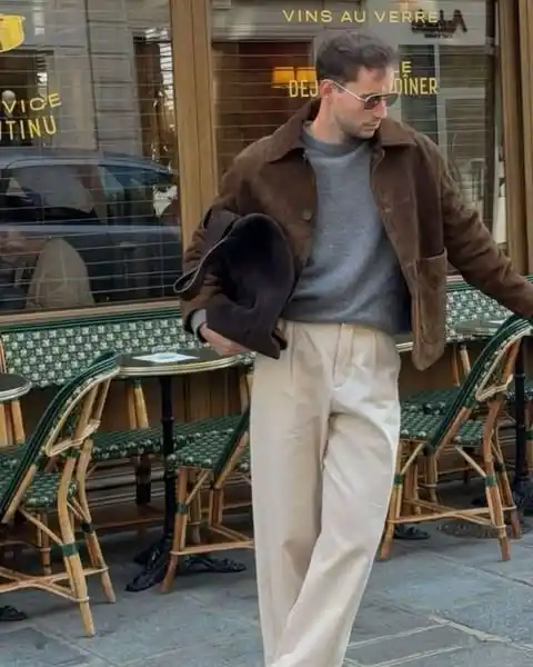 9. Suede Jacket and High Waisted Trousers
