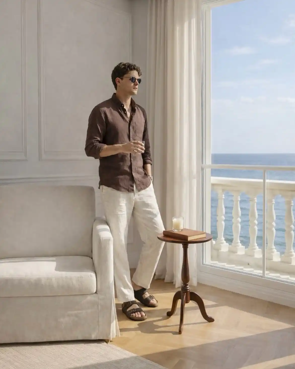 12. Brown Linen Shirt and Off-White Trousers