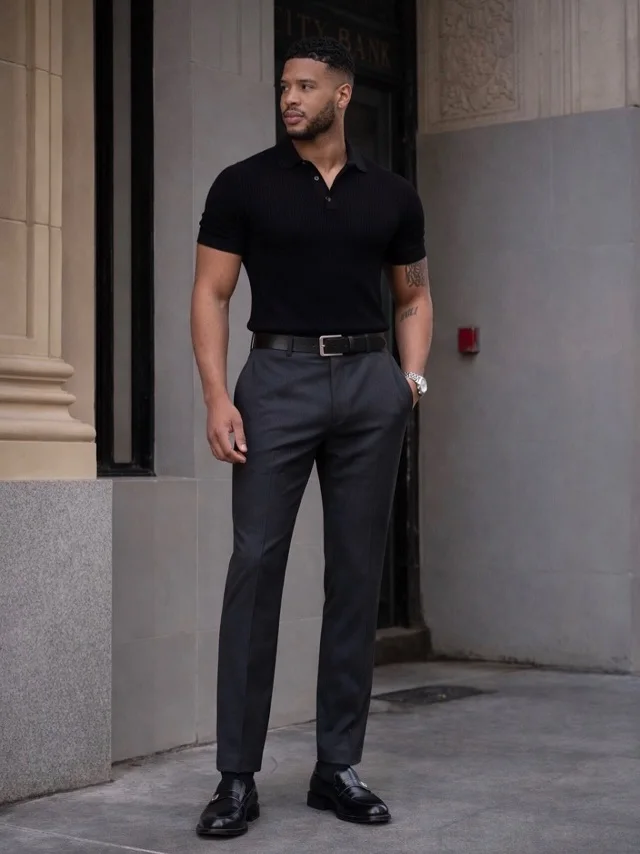 A Ribbed Polo and Charcoal Trousers for Effortless Tall Guy Smart Casual