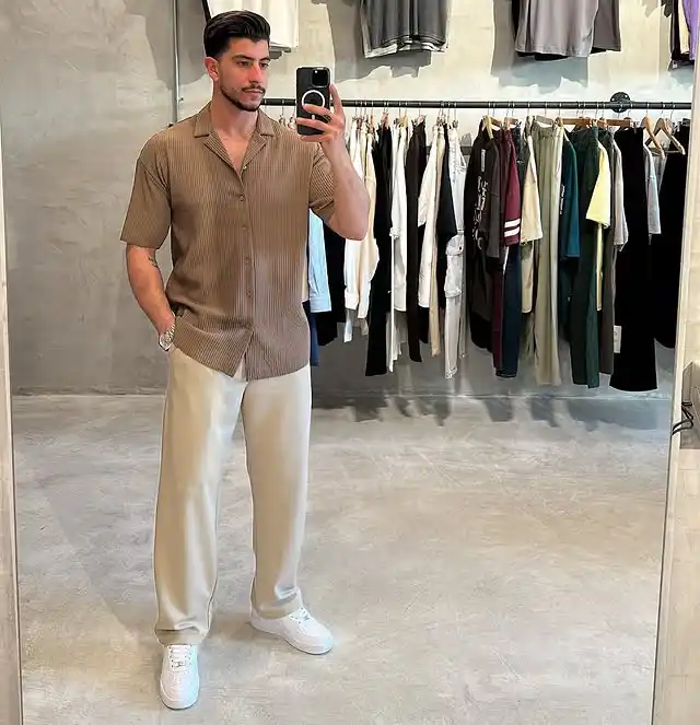 11 Minimalist Outfits for Men That Work Every Day 2 1. Textured Shirt and Light Trousers