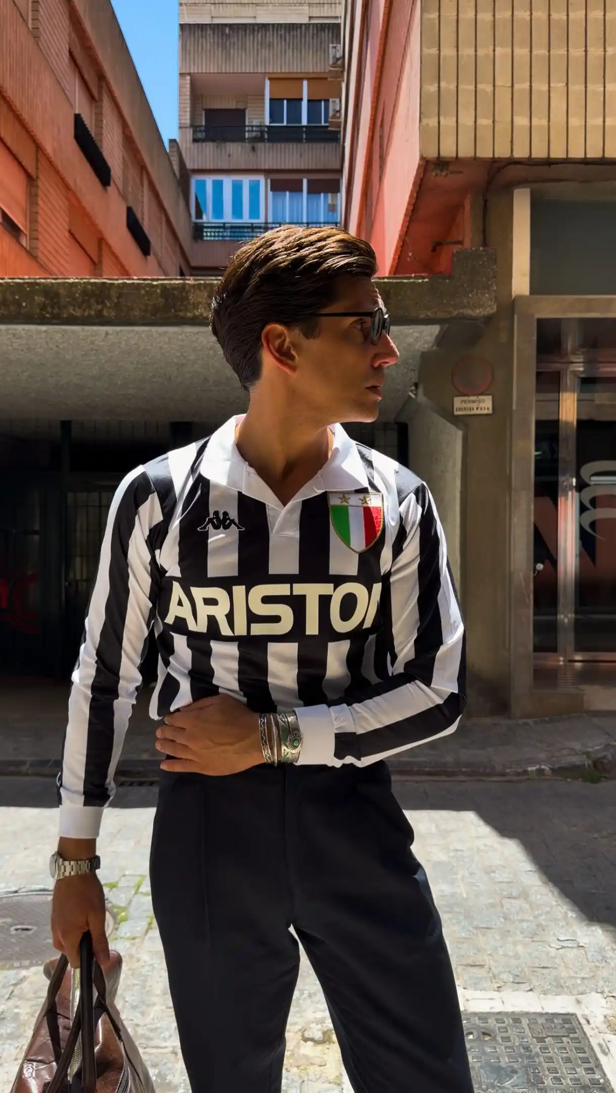 12. Vintage Juventus Black and White Striped Jersey With Tailored Black Trousers