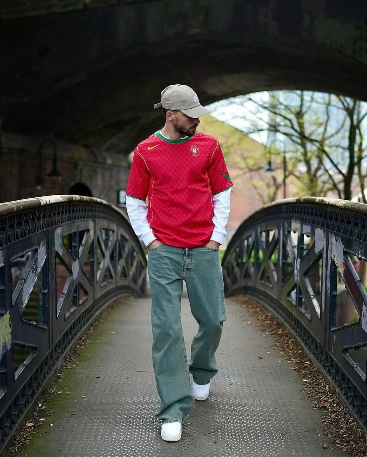10. Vintage Portugal Jersey Layered Over White Long Sleeve With Baggy Grey Jeans