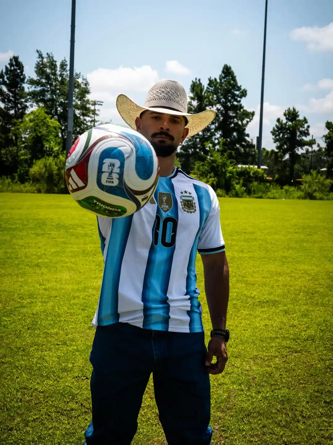 11. Argentina Number 10 Jersey With Straw Hat and Dark Denim