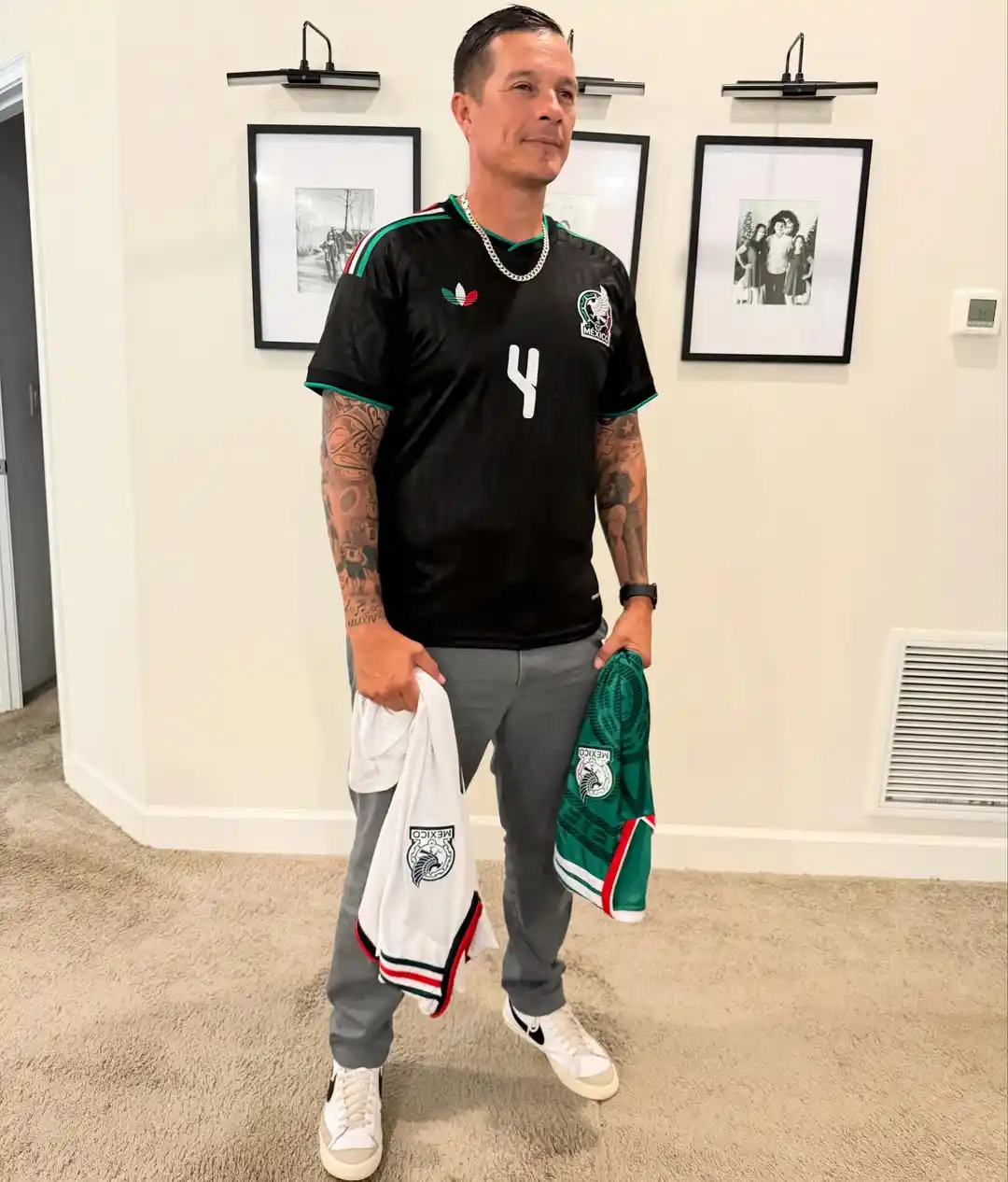7. Black Mexico National Team Jersey With Grey Pants and High-Top Sneakers