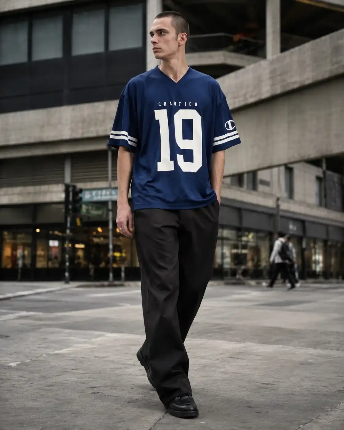 4. Oversized Navy Jersey With Black Wide Leg Trousers and Loafers