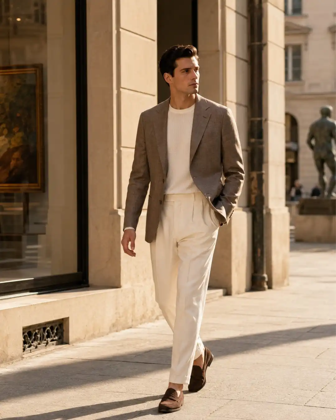 21 Classy Outfits for Men That Look Far More Expensive 14 Brown Linen Blazer Over Cream Trousers
