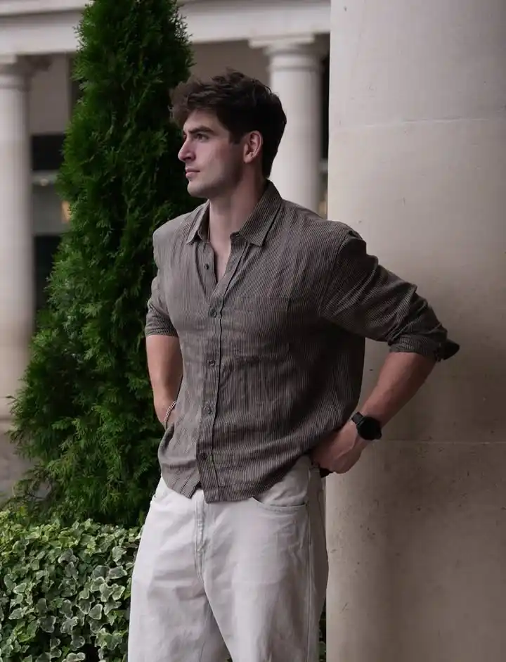 2. Textured Vertical Stripe Shirt and White Jeans