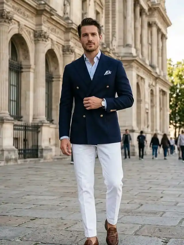 2. The Double Breasted Blazer with Contrasting Trousers