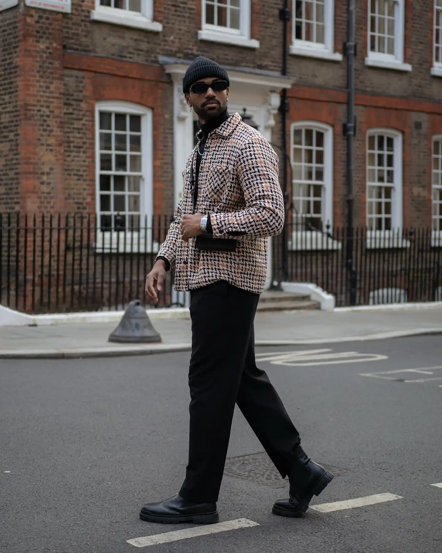 4. Houndstooth Overshirt and Chunky Boots Layering