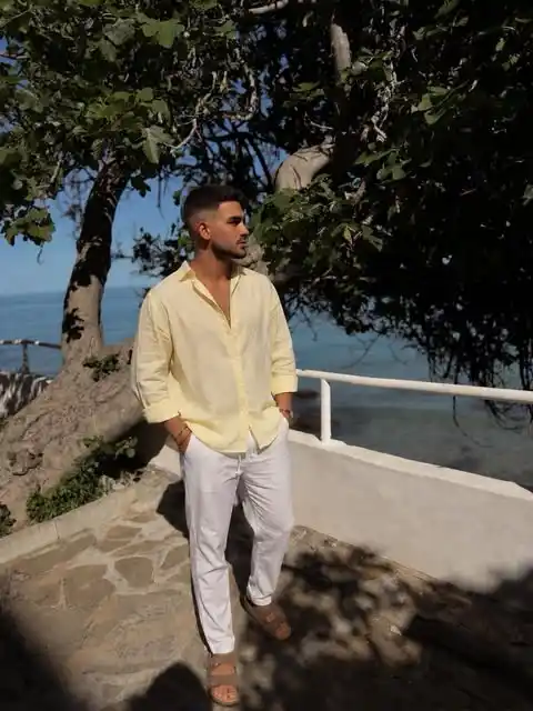 13. Pastel Yellow Linen Shirt and White Drawstring Trousers