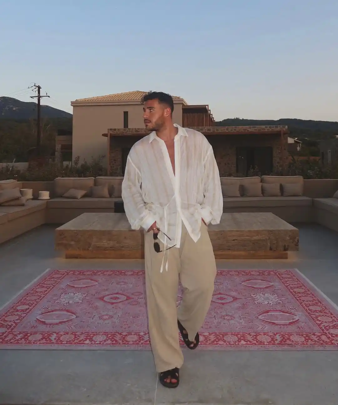 10. Sheer Linen Shirt and Beige Wide Trousers