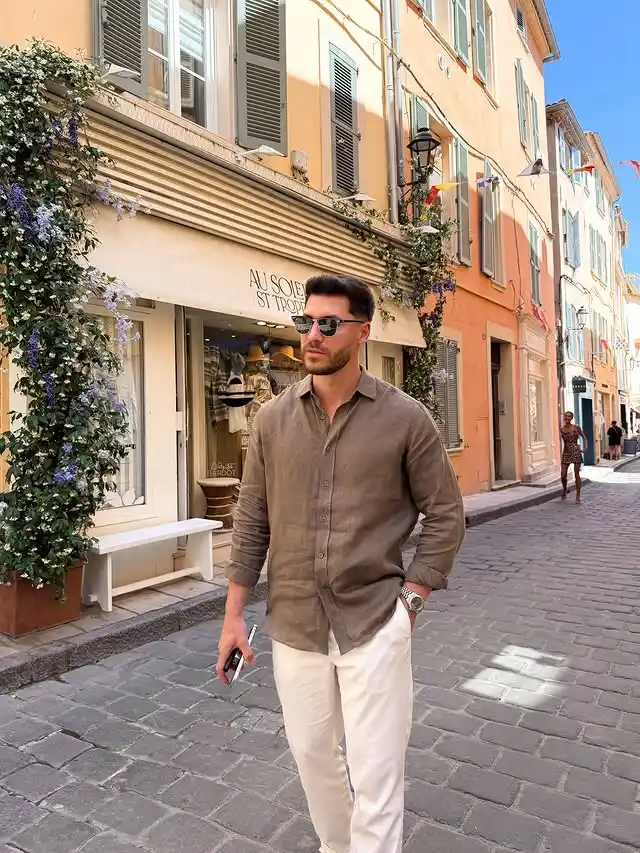 11. Earth Tone Linen Shirt and White Trousers