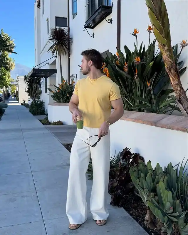 8. Pastel T-Shirt and Wide Leg White Trousers