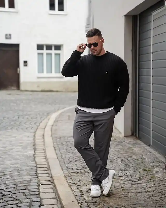 12 Casual Outfits for Tall Men (Beyond Oversized Hoodies) 6 4. Knit Sweater and Grey Trousers