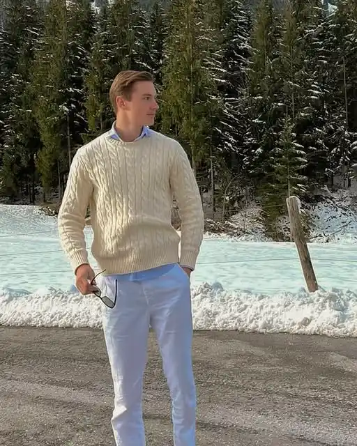 12 Casual Outfits for Tall Men (Beyond Oversized Hoodies) 14 12. Cable Knit Sweater and White Trousers