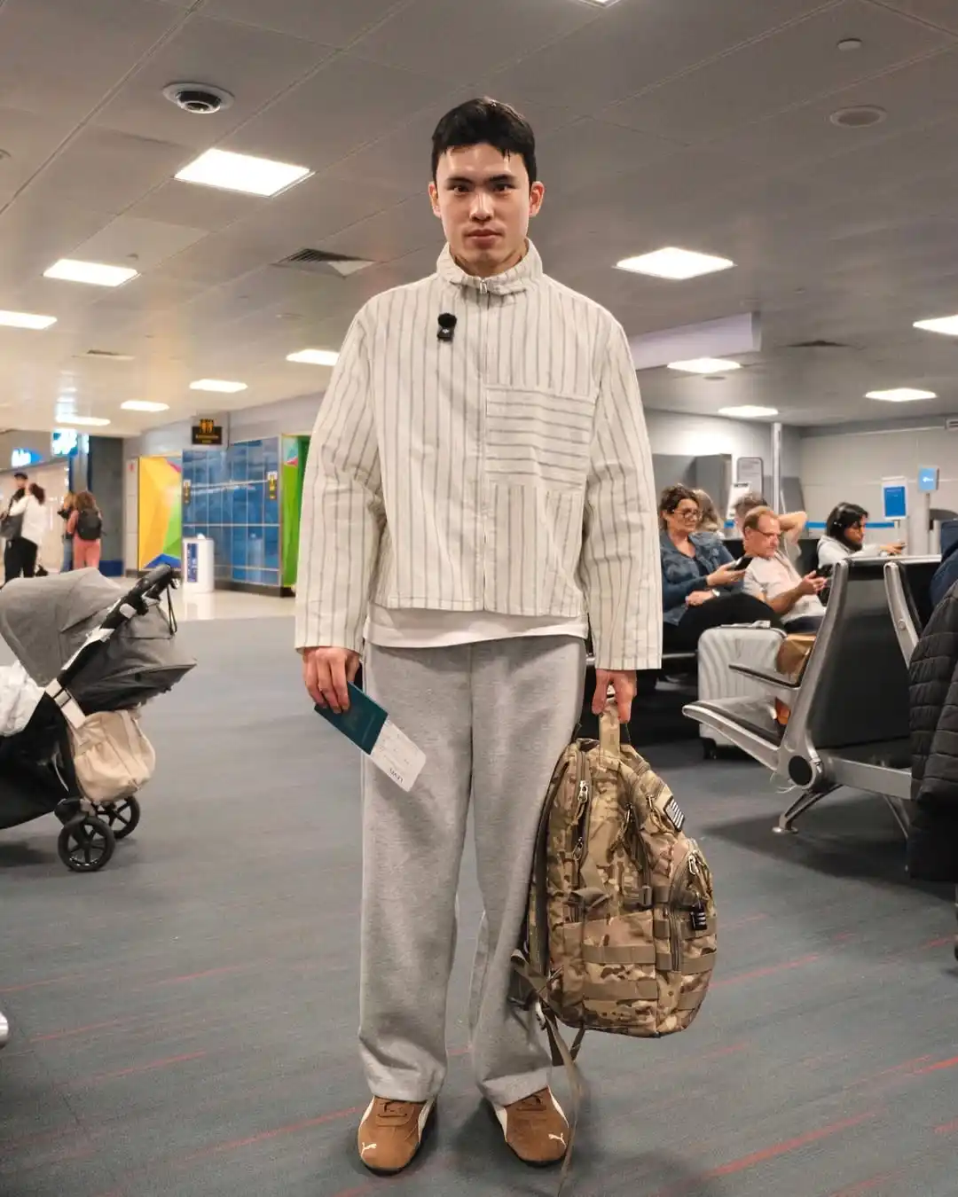 8. The Striped High Neck Jacket and Loose Joggers Look