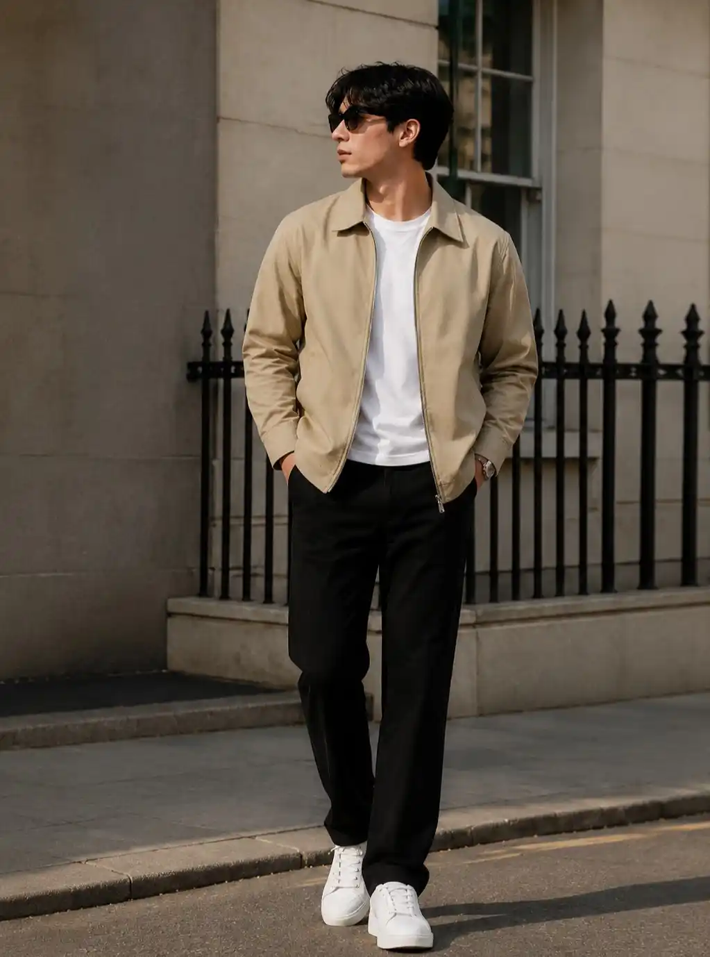 11 Outfits for Men Over 6 Feet (Tall & Stylish) 10 9. Beige Zip Up and Black Trousers