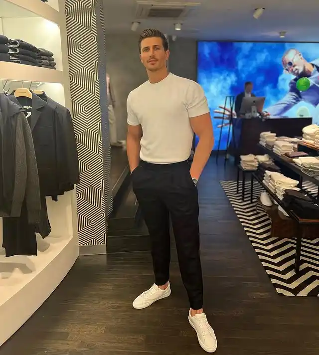12 Casual Outfits for Tall Men (Beyond Oversized Hoodies) 10 8. Fitted White Tee and Cropped Black Trousers