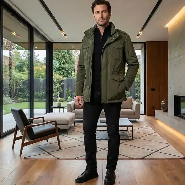 12 Casual Outfits for Tall Men (Beyond Oversized Hoodies) 8 6. Olive Field Jacket and Black Trousers