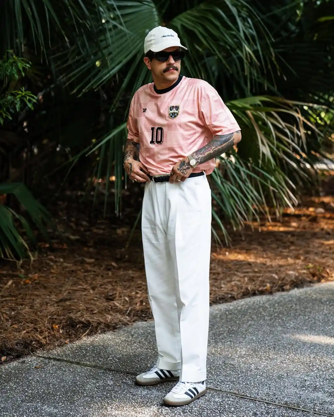 7. The Pink Pastel Jersey and White Trousers