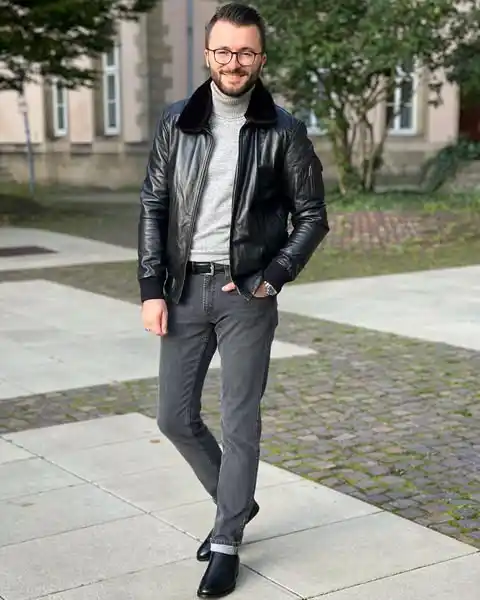 10 Classy Outfits Men Smart Casual Ideas You Need to Try 8 6. Leather Bomber Jacket and Grey Jeans
