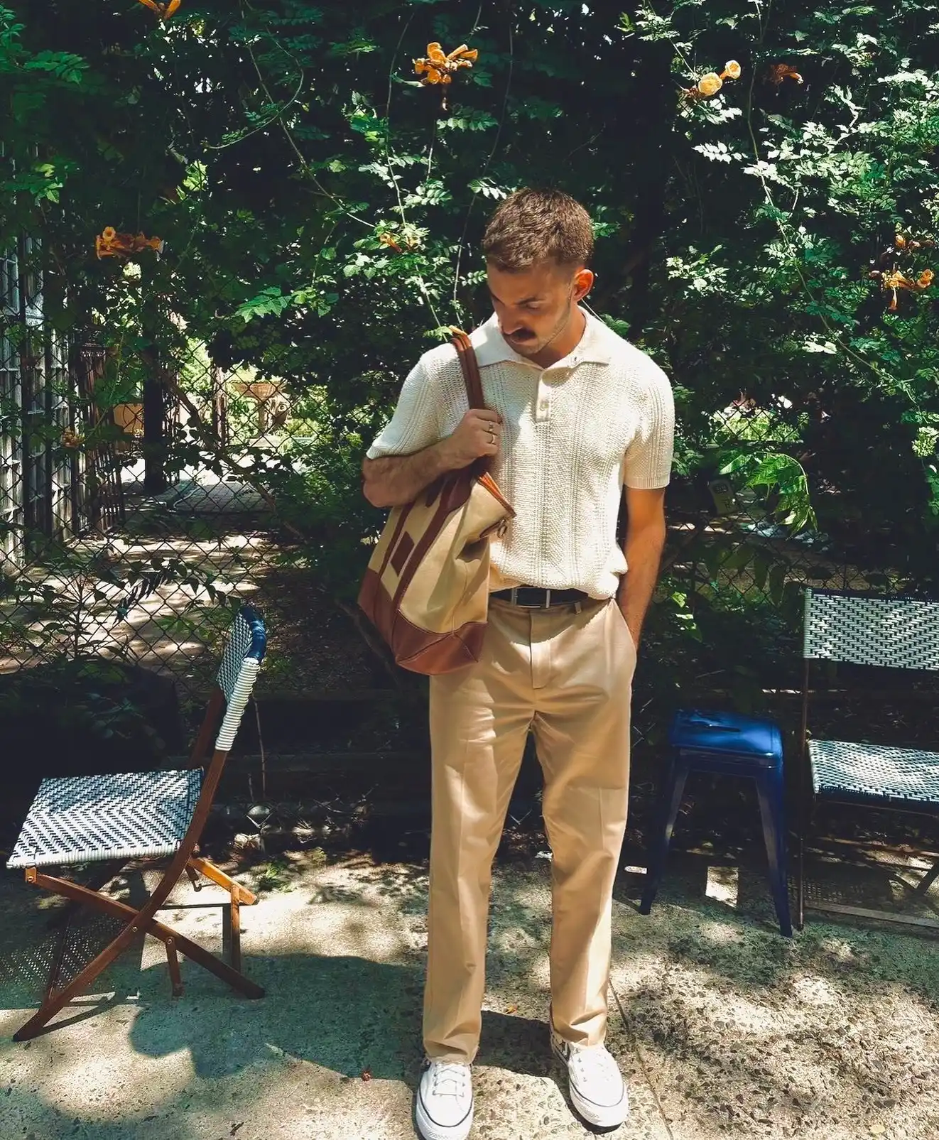 11. Textured Knit Polo and Beige Trousers