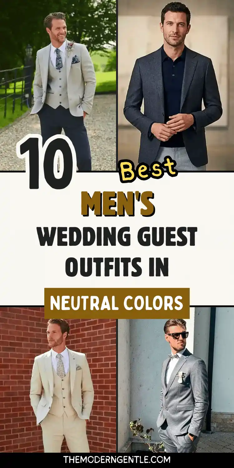 Four neutral colored suits for men's wedding guest style: a beige three piece suit on a garden path, a charcoal blazer worn over a dark polo, a tan suit standing against a red brick wall, and a grey suit paired with sunglasses. Bold text over a cream background reads "10 Best Men's Wedding Guest Outfits in Neutral Colors," showcasing men's fashion and suit inspiration for weddings.