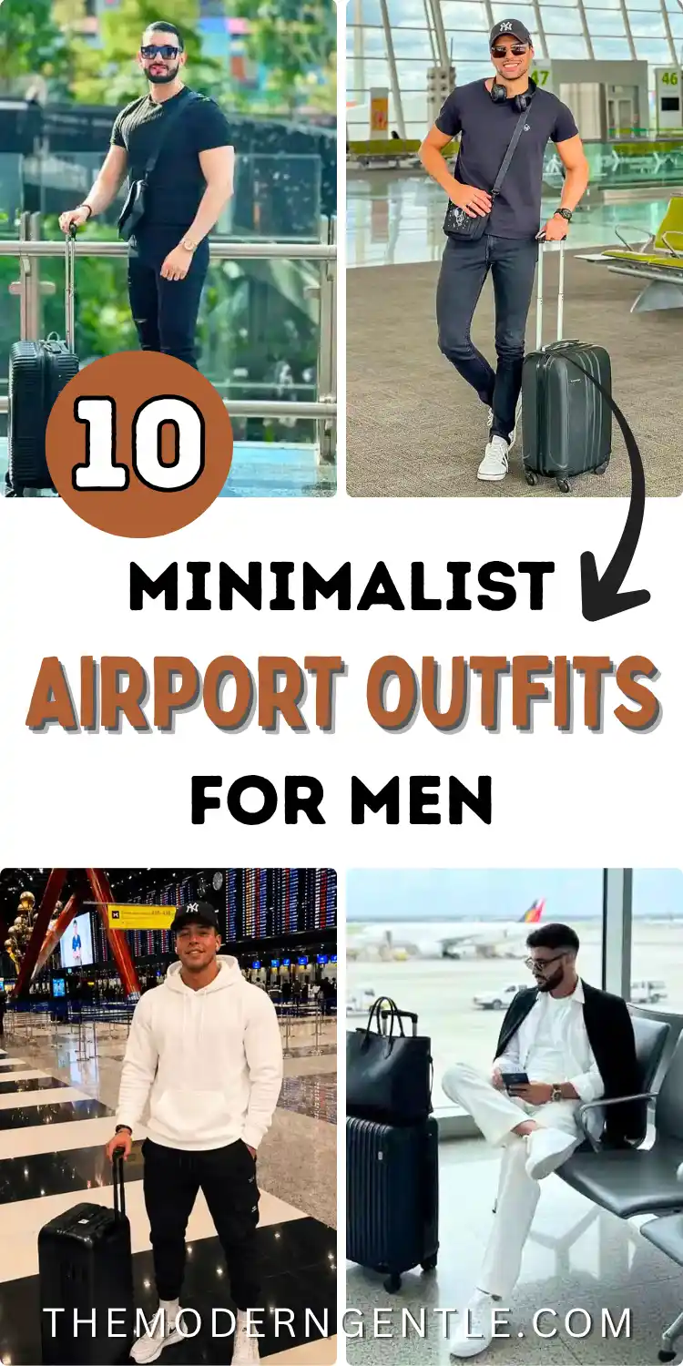 Four photo collage of men styling minimalist airport outfits with rolling suitcases in terminal settings. Looks include an all black travel outfit with sunglasses, a navy tee with cap and crossbody bag, a cream hoodie and joggers outfit, and an all white shirt and trouser look with a black blazer draped over the shoulders. Bold text reads "10 Minimalist Airport Outfits for Men" on a clean white background with an orange number badge.