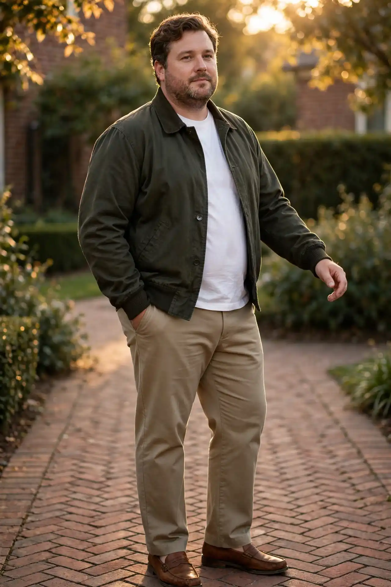 10. Dark Olive Harrington Jackets with Classic Straight-Leg Khakis