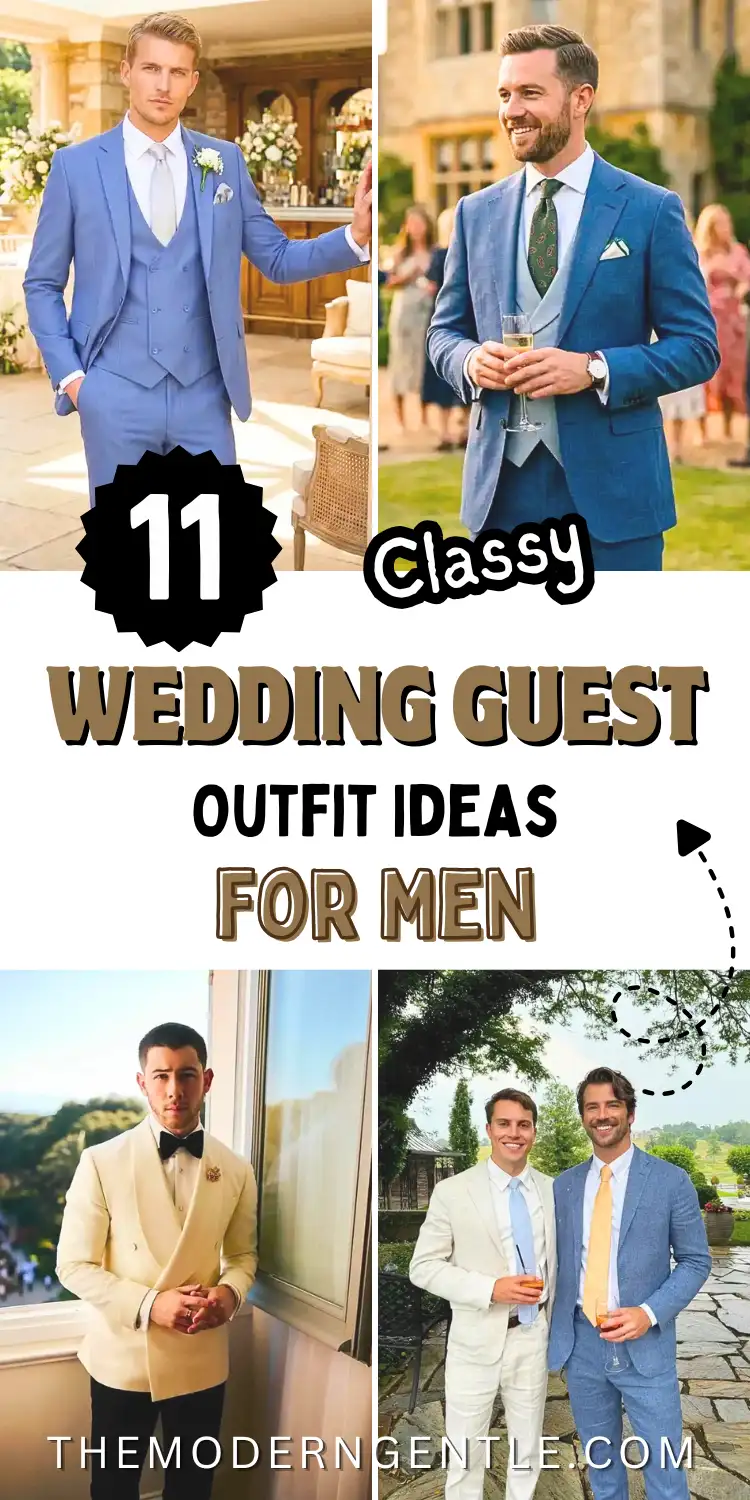 Four photo collage of men in wedding guest attire across garden and estate settings. Looks include a powder blue three piece suit with a white tie and boutonniere on a patio, a blue linen suit with a green tie holding a drink, a cream double breasted dinner jacket with a black bow tie by a window, and two men in a cream suit and a blue suit at a reception. Bold text reads "11 Classy Wedding Guest Outfit Ideas for Men."