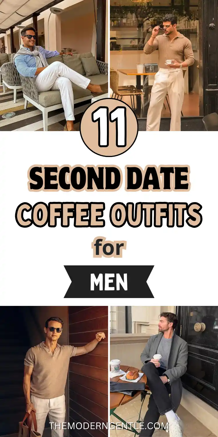 Four-panel pin for second date coffee outfits for men in cream, tan, and grey tones. One man reclines outdoors in a striped oxford shirt with a draped scarf and white trousers. Another sips coffee in a ribbed camel knit polo with pleated cream trousers. A third leans against a wood door in a taupe polo holding a leather tote, while the last sits outside a cafe in a grey wool coat over a sweater with dark denim.